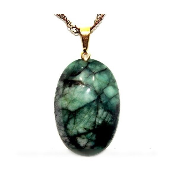 Colar Cabochão Oval Xisto e Esmeralda Pino Dourado