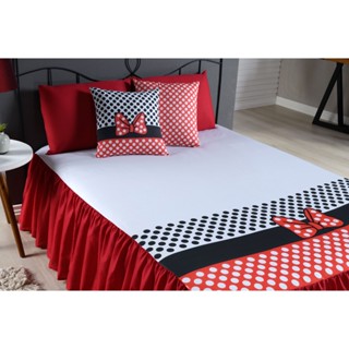 Kit Colcha 05 Peças Minnie Vermelho (Cobre Leito Casal Padrão Queen Estampa Personagem)
