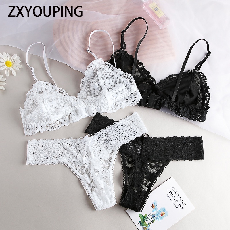 ZXYOUPING Thong Set Roupa Íntima/Lace Sexy Conjunto De Bra Thong/Feminina Tanga De Sem Acolchoado Deep V Wire Free S-L