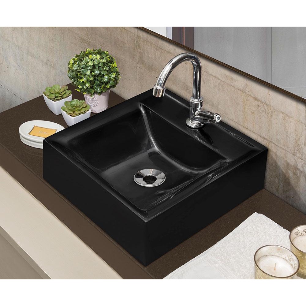 Kit Cuba Quadrada Preta Com Torneira DL04 e Válvula ABS Cromada em Oferta na Shopee