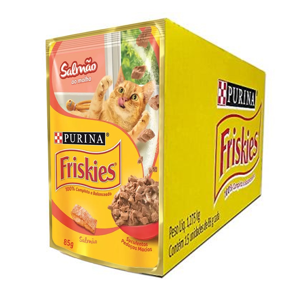 Caixa 15un Ração Úmida Sachê Friskies Gatos Adultos Salmão ao Molho 85g em Oferta na Shopee
