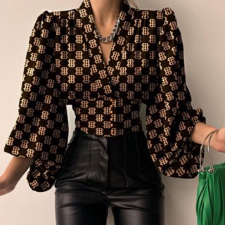 Primavera Moda Verão Camisa Feminina Lanterna Manga Longa Casual Cor Sólida Estampada Slim-Fit Botão Com Decote Em V