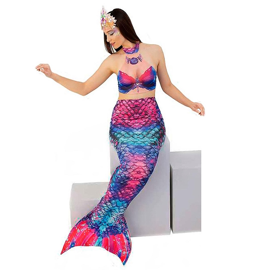 cauda de Sereia Azul e Rosa Marine Fantasia de Carnaval Adulto Com Top
