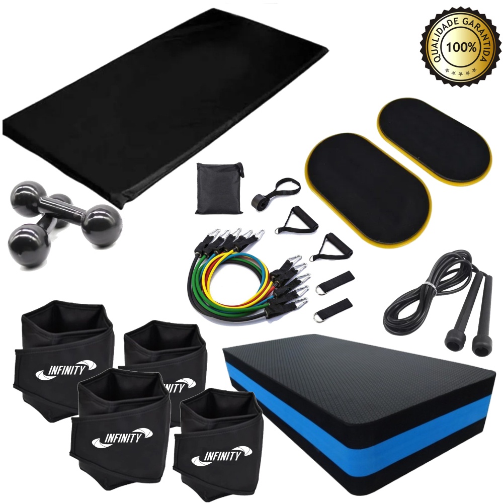 Kit step+ colchonete +caneleira de 2 e 4 kg + halteres de 2 kg+ corda + kit 5 vias + Disco de deslizamento