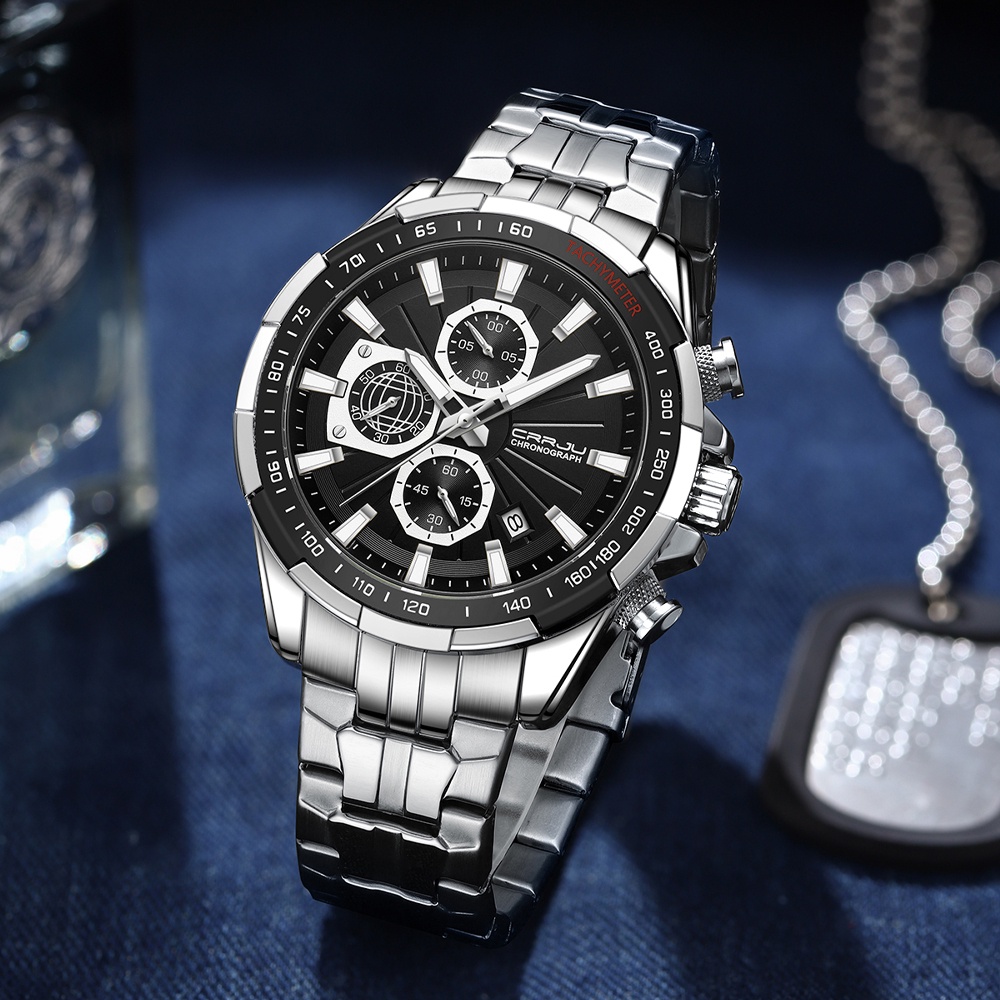 Detalhes do Relógio Masculino CRRJU Multifuncional Ponteiro Luminoso Mostrador Aço Inoxidável Moda Top Marca De Luxo Negócios Casual