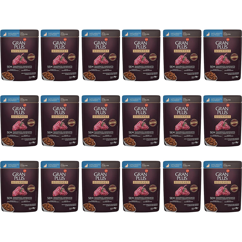 Caixa 18un Ração Úmida Sachê GranPlus Gourmet Gatos Castrados Ovelha 85g em Oferta na Shopee