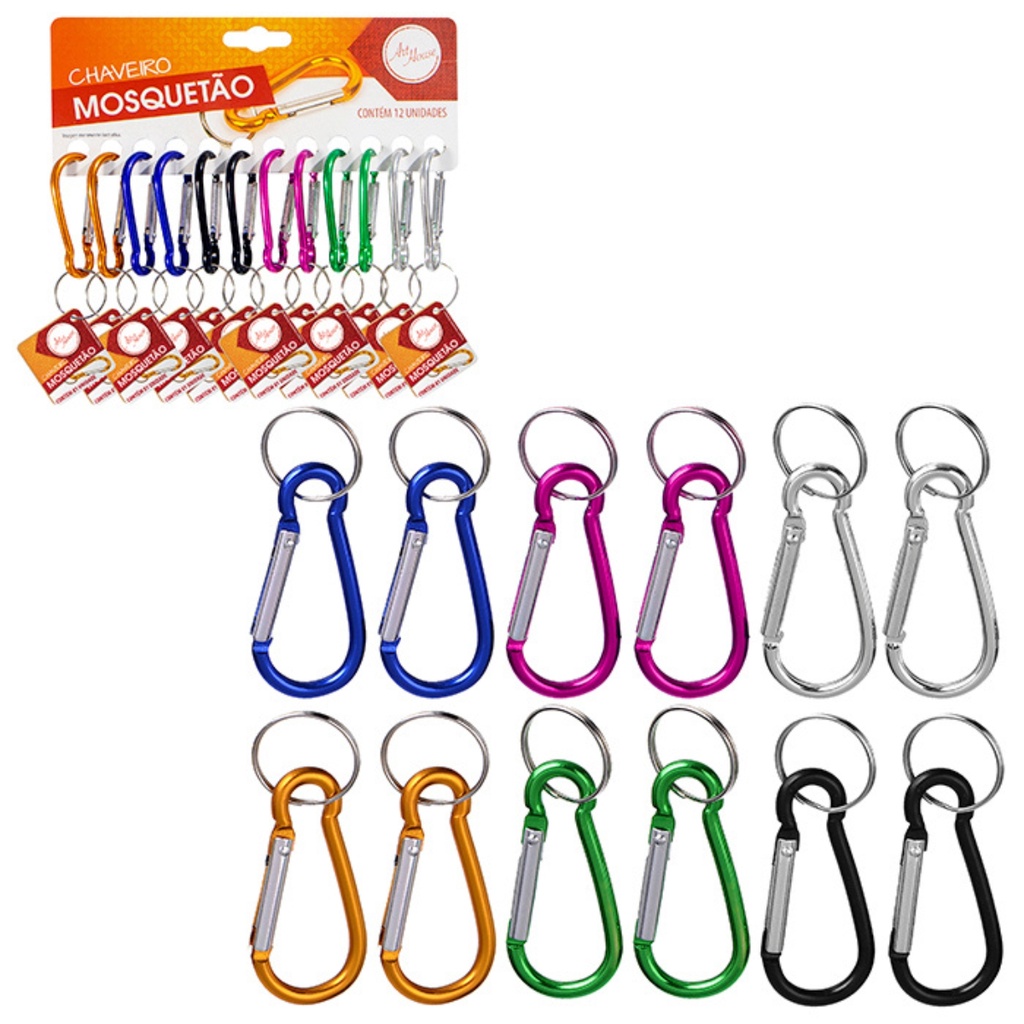 Chaveiro Mosquetão Metal de Pressão Atacado c/12 Und Colorido Prendedor Para Academia Camping Pesca