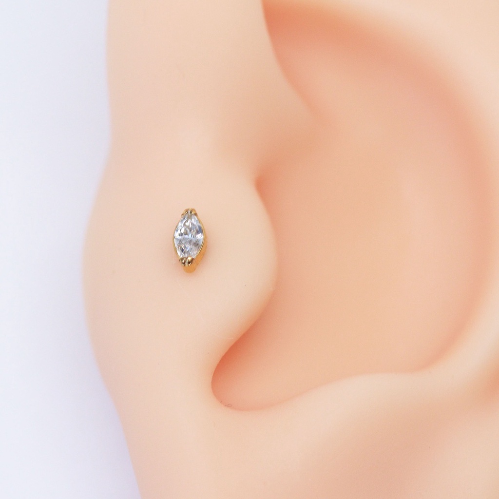 Piercing Labret Tragus Titânio PVD Gold Zircônia Navete Rosca Interna
