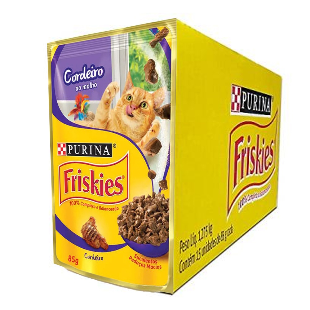 Caixa 15un Ração Úmida Sachê Friskies Gatos Adultos Cordeiro Ao Molho 85g - Pets
