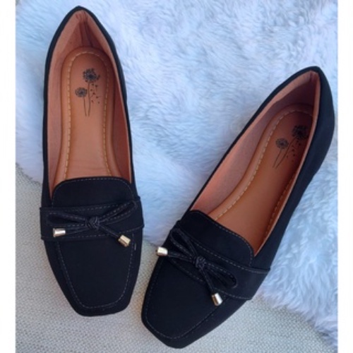 Sapatilha Mocassim  bico quadrado Nobuck Sintético Preto CONFORT