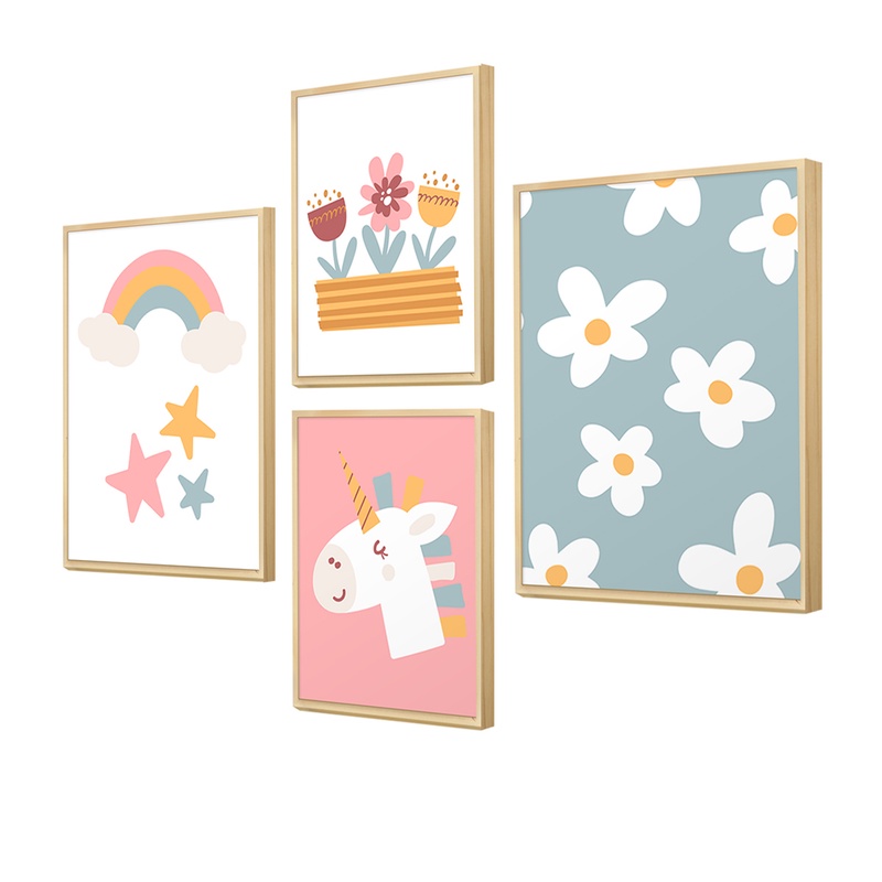 Kit 4 Quadros Decorativos Infantil Menina Rosa Unicórnio Flores em Oferta na Shopee