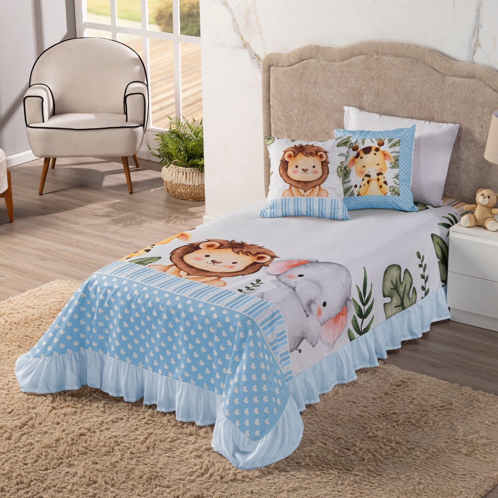 Kit Colcha Infantil Solteiro 06 peças 1,70 x 2,30 Safari Baby Azul Decoração Quarto, Criança