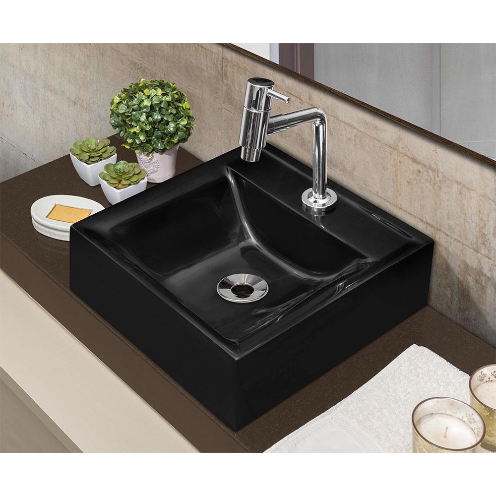 Kit Cuba Quadrada Preta com Torneira AA05 e Válvula ABS Cromada em Oferta na Shopee