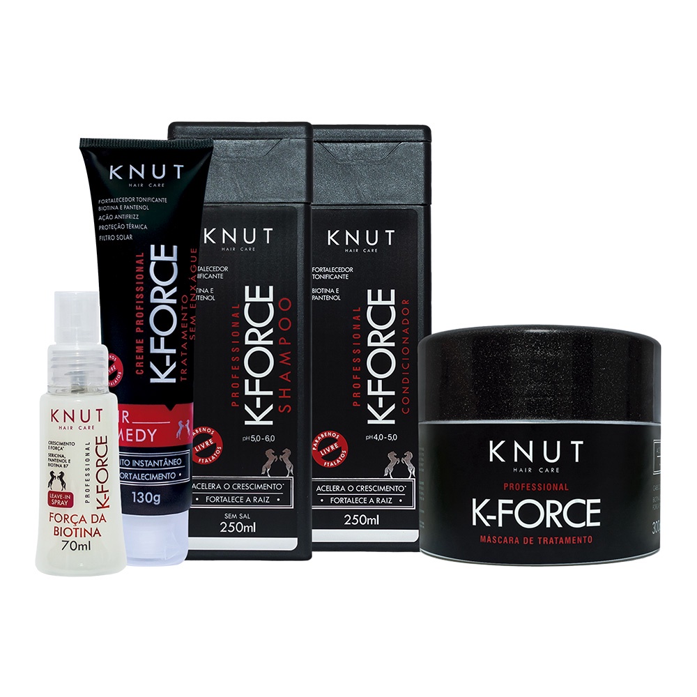 Kit KNUT K-FORCE: Shampoo 250ml + Condicionador 250ml + Máscara 300g + Leave-in Spray + Hair Remedy