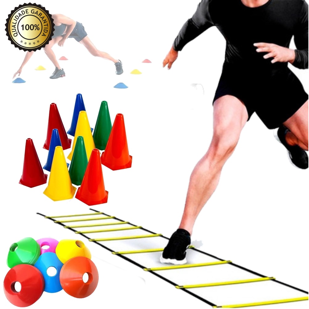 Kit funcional com Cones + pratos + escada funcional p/ treino aeróbico circ.