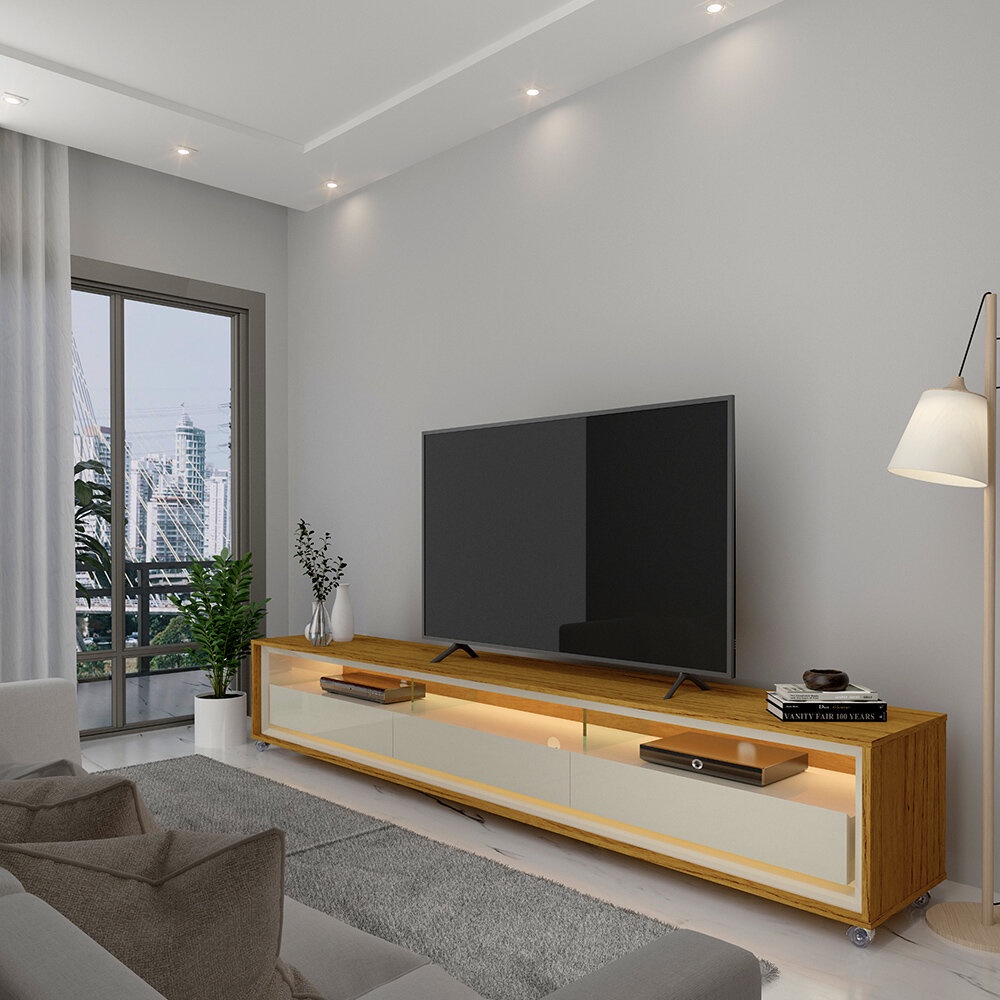 Rack para TV Requinte 212 com LED Rodízios Naturale Off White - Gelius - Home & Living