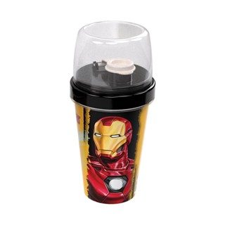 Mini Shakeira de Plastico 320 ml com Misturador, Fechamento Rosca e Sobretampa Articulável Avengers Homem de Ferro