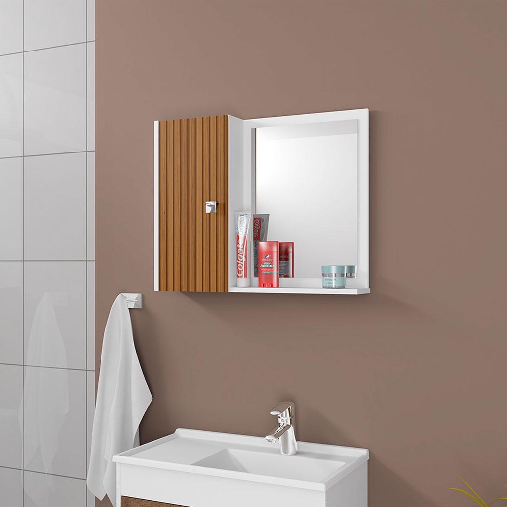 Armário Banheiro Espelheira Gênova Com 1 Porta Cor Branco Efeito Ripa em Oferta na Shopee