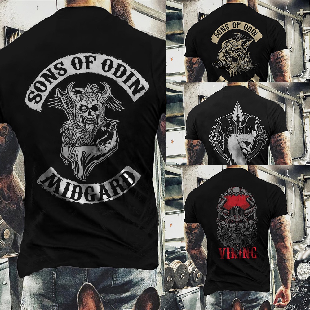 Camiseta Hombre Vikingo Odin Runas Negra - 100% Algodón, Manga Corta, Estampado Graffiti Nórdico, Regalo Fan