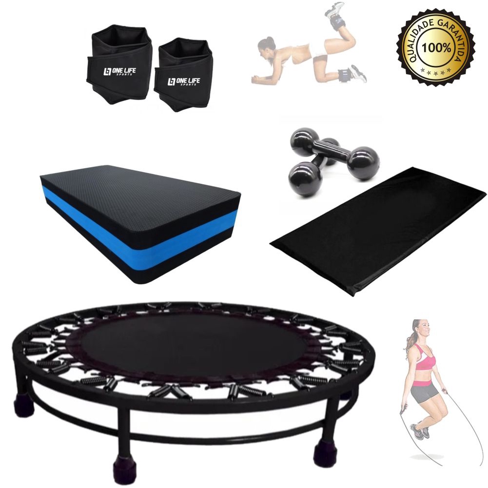 Kit Aeróbico -  Cama Elástica + Colchonete + Caneleira 3 Kg + Step 60 cm + Halter 3 Kg