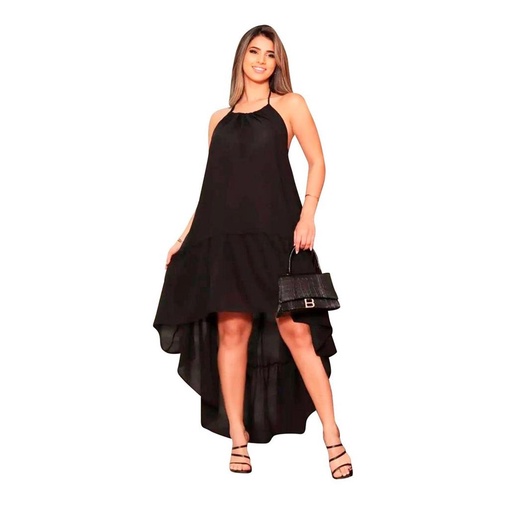 Vestido Crepe Duna Alcinha Longo Mullet Babado Barra