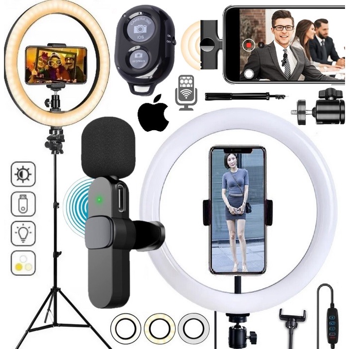Ring Light Completo Luminária de Led Anel Luz Com Tripé + Microfone Sem Fio Ios Gravar Vídeos Foto Selfie Youtuber Vlog