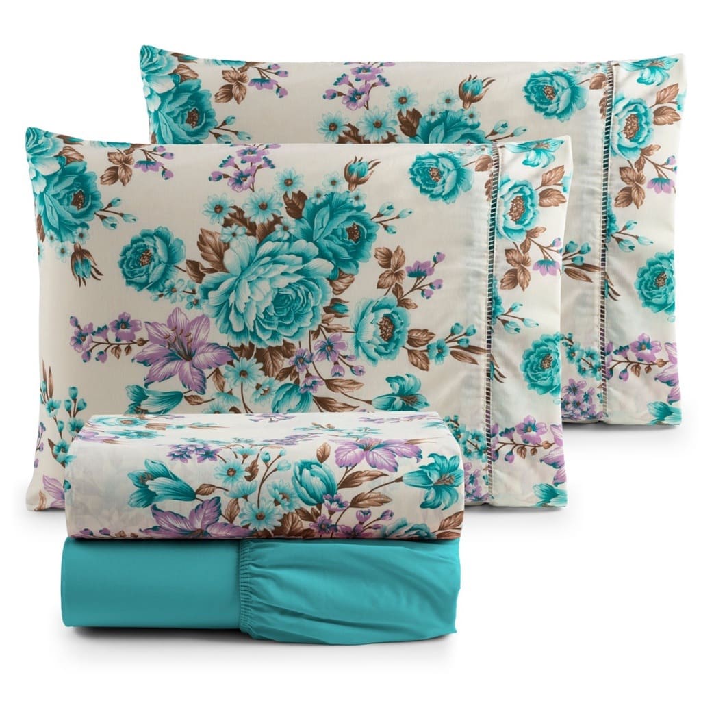 Jogo de Lençol Casal 4 Peças Estampado Algodão Percal 180 Fios Floral Tiffany