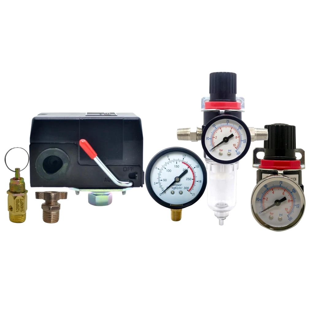 Kit Pressostato 80-125 + Filtro de Ar com 02 Niples + Regulador de Pressão