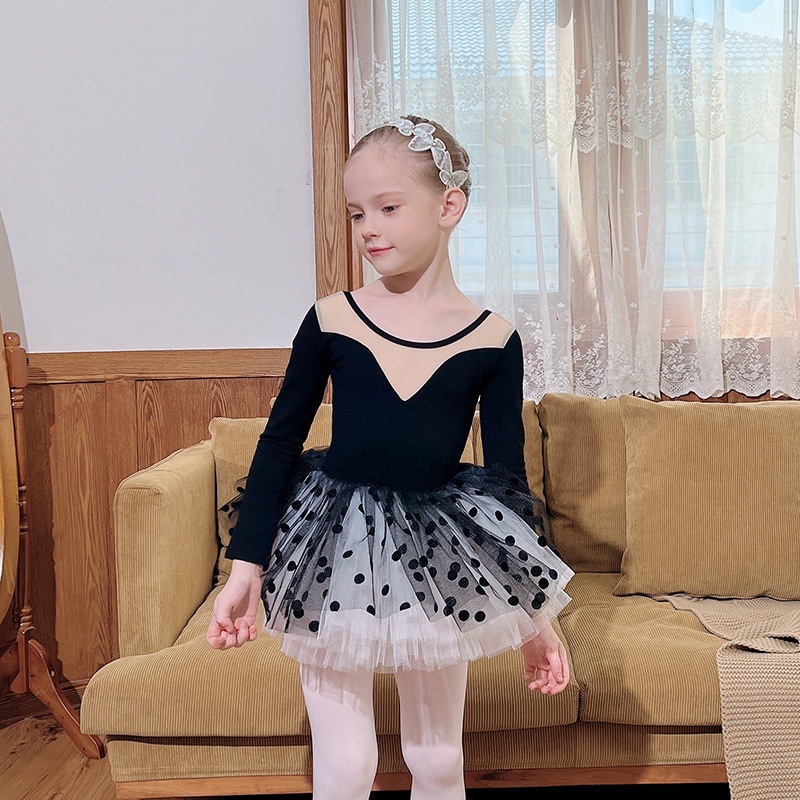 Novo Estilo Vestido De Dança Para Ballet Feminino Manga Curta Puro Algodão Meninas Traje De Prática Com Lantejoulas Dividido Versão Coreana Saia Dançante Exame Preto De Treino-YW