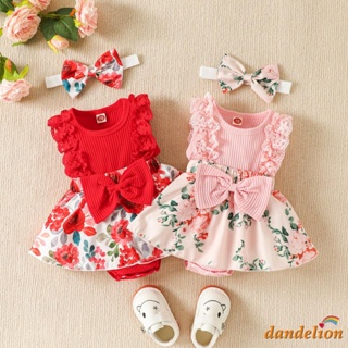 Macacão sem mangas com estampa de flores, decote redondo, laço frontal + faixa para cabeça para meninas de 0 a 18 meses. em Oferta na Shopee