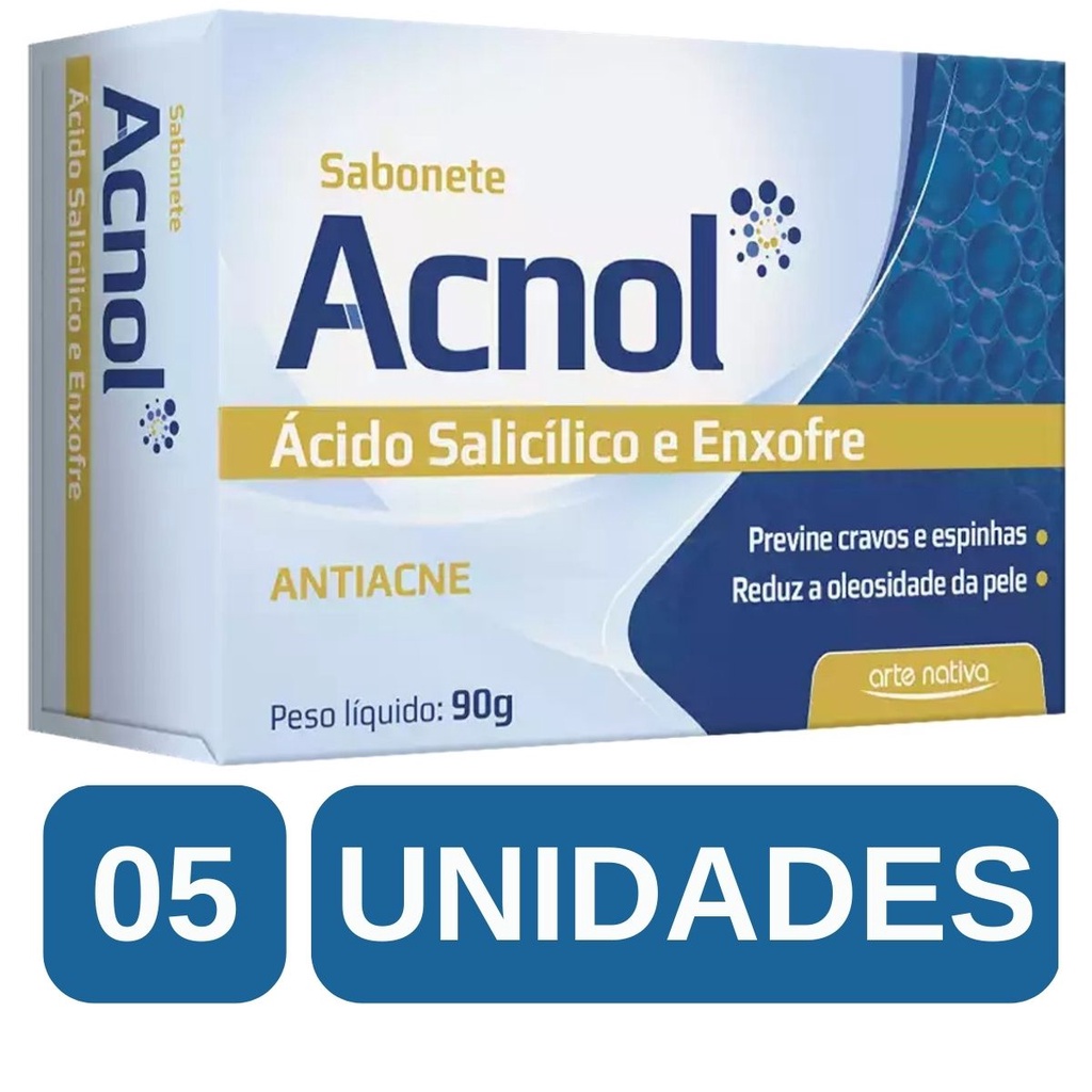 Kit 5 Sabonetes Acnol Arte Nativa Antiacne em Barra para Cravos e Espinhas com Enxofre e Ácido Salicílico – 90g cada em Oferta na Shopee