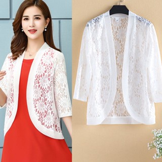 Casaco Básico Feminino De Verão Estilo Solto Xale Oco De Renda Cardigan Boleros De Três Quartos Jaquetas Femininas Cobertura