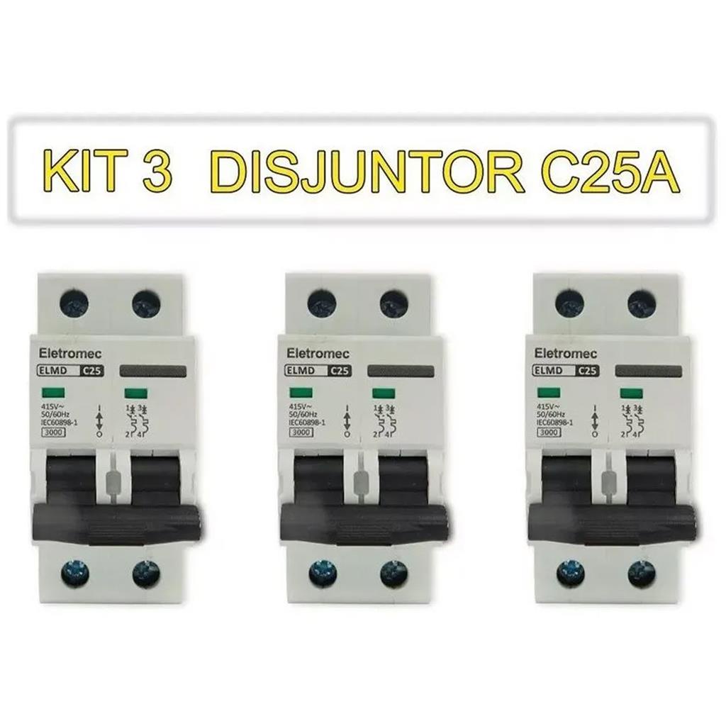 Kit 3 Disjuntor 25A Amperes Bipolar Curva C Eletromec