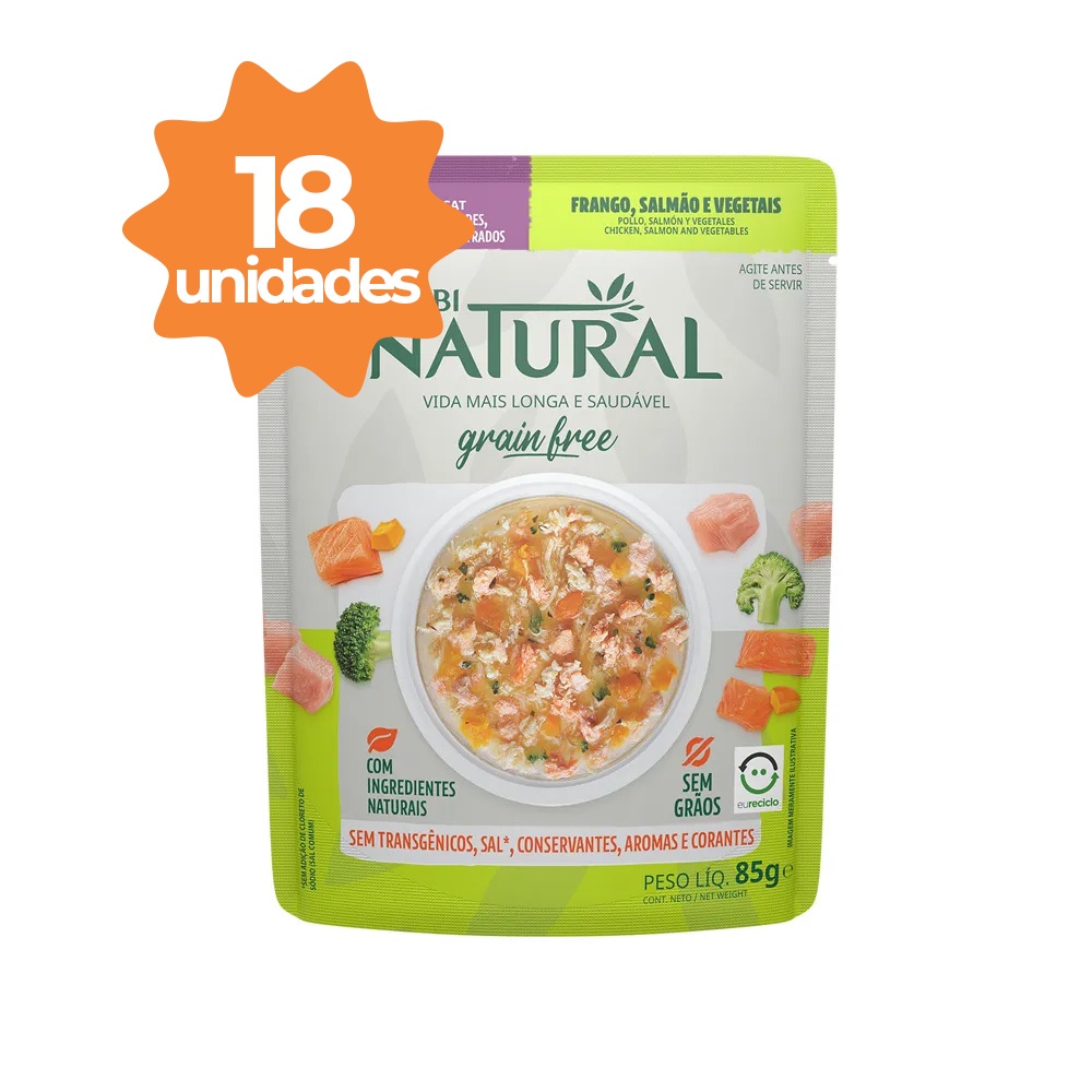 Caixa 18un Ração Úmida Sachê Guabi Natural Grain Free Gatos Adultos Frango Salmão e Vegetais 85g em Oferta na Shopee