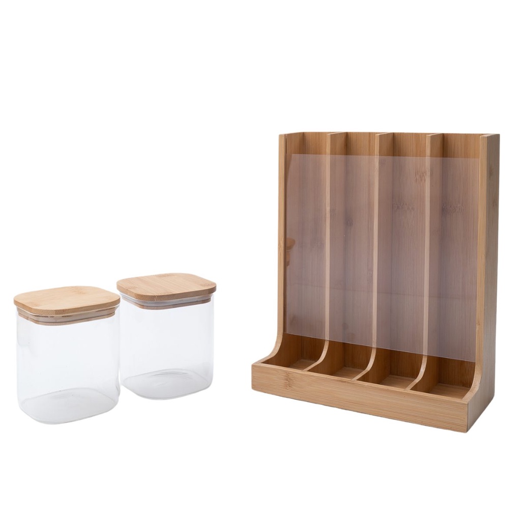 Kit com 2 potes de vidro com tampa de bambu 800ml e porta cápsulas de bambu - Oikos