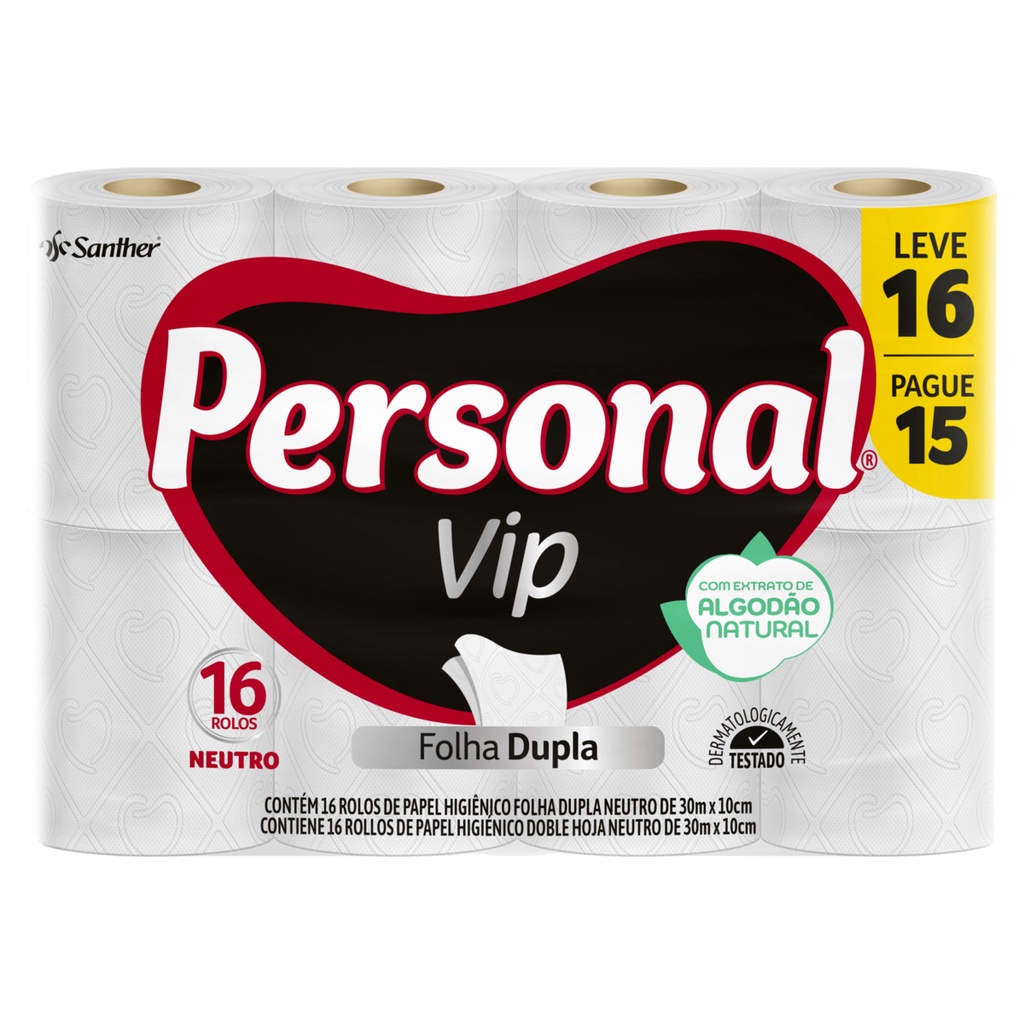 Papel higiênico folha dupla Personal Vip Leve 16 Pague 15 rolos de 30 m cada