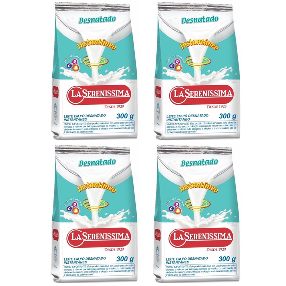 4 Pacotes Leite em Pó Desnatado LA SERENÍSSIMA Sachê 300g