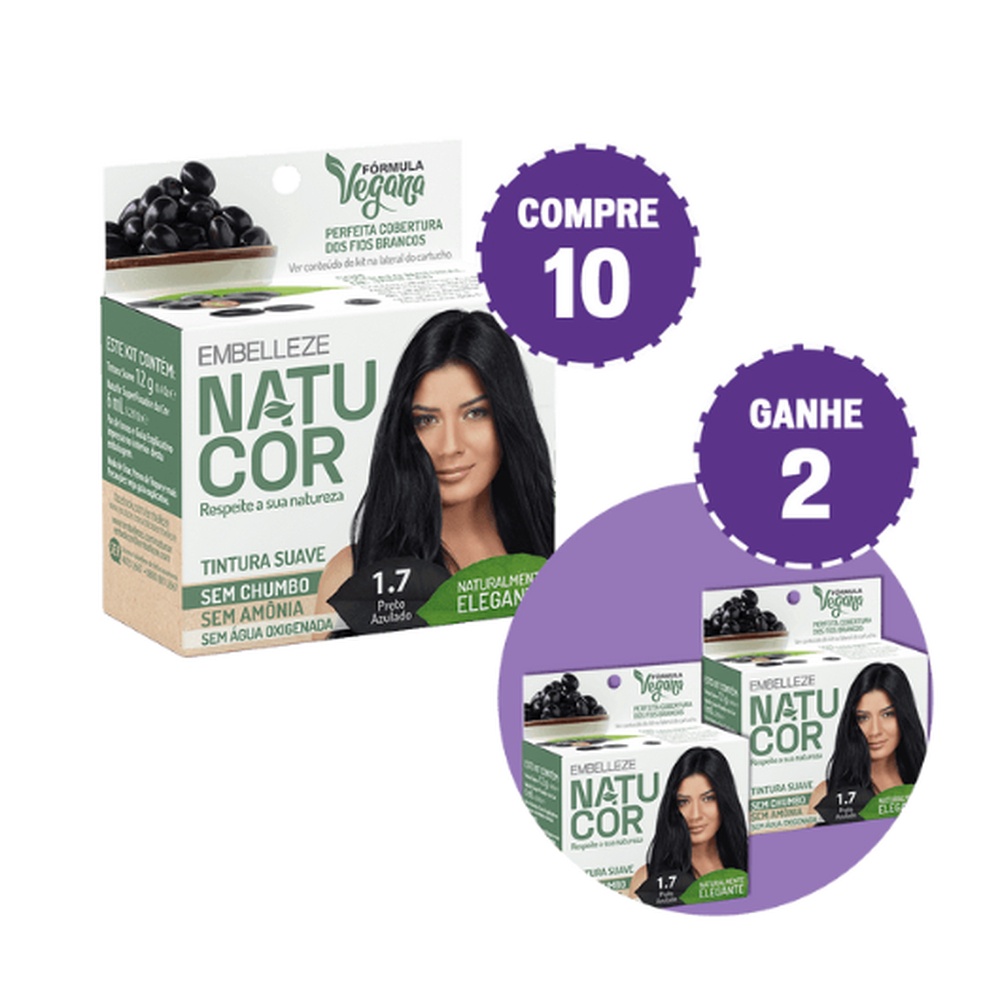 KIT COMPRE 10 TINTA DE CABELO NATUCOR NATURALMENTE ELEGANTE PRETO AZULADO 1.7 E GANHE 2