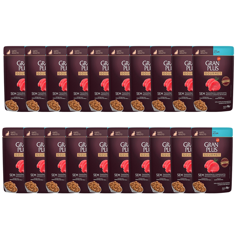 Kit 20 Ração Úmida Gran Plus Sachê Gatos Gourmet Adultos Atum - 85g em Oferta na Shopee
