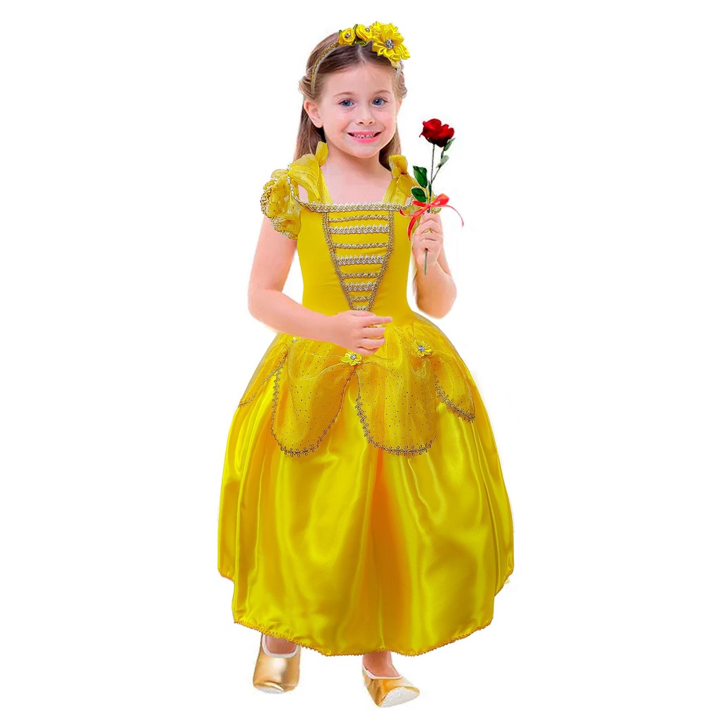 Fantasia Bela e a Fera Infantil Princesa de Luxo Vestido Com Tiara