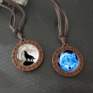 Colar De Vidro Wolf Cúpula Homens Vintage Cabeça De Lobo Pingente De Madeira Corrente Retro Joalheria