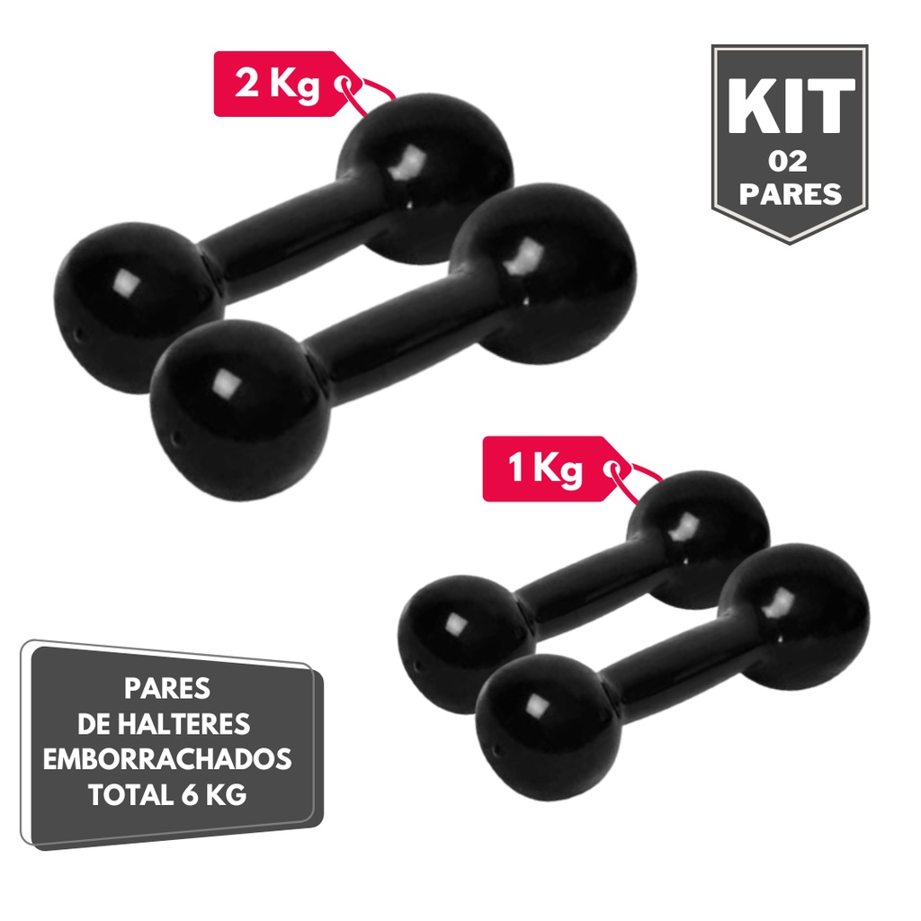 Kit Par Halter Bola Emborrachado 1 e 2 Kg - Total 6 Kg