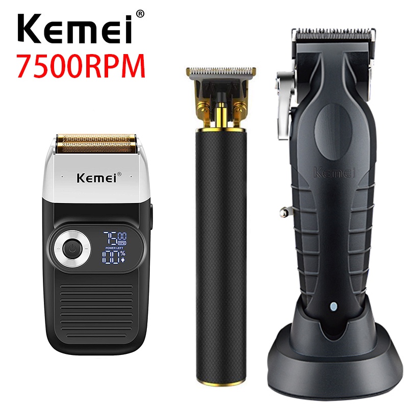 Kemei Professional Clipper Combo Kit Barbeiro 0mm Elétrico Sem Fio T9 Aparador De Acabamento Potente Máquina De Corte De Cabelo 7500RPM em Oferta na Shopee