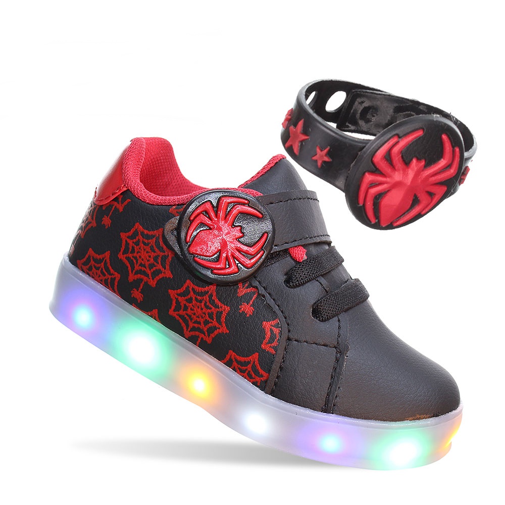 kit Infantil Aranha Tenis com Luz Pisca Pisca + Pulseira Para Meninos