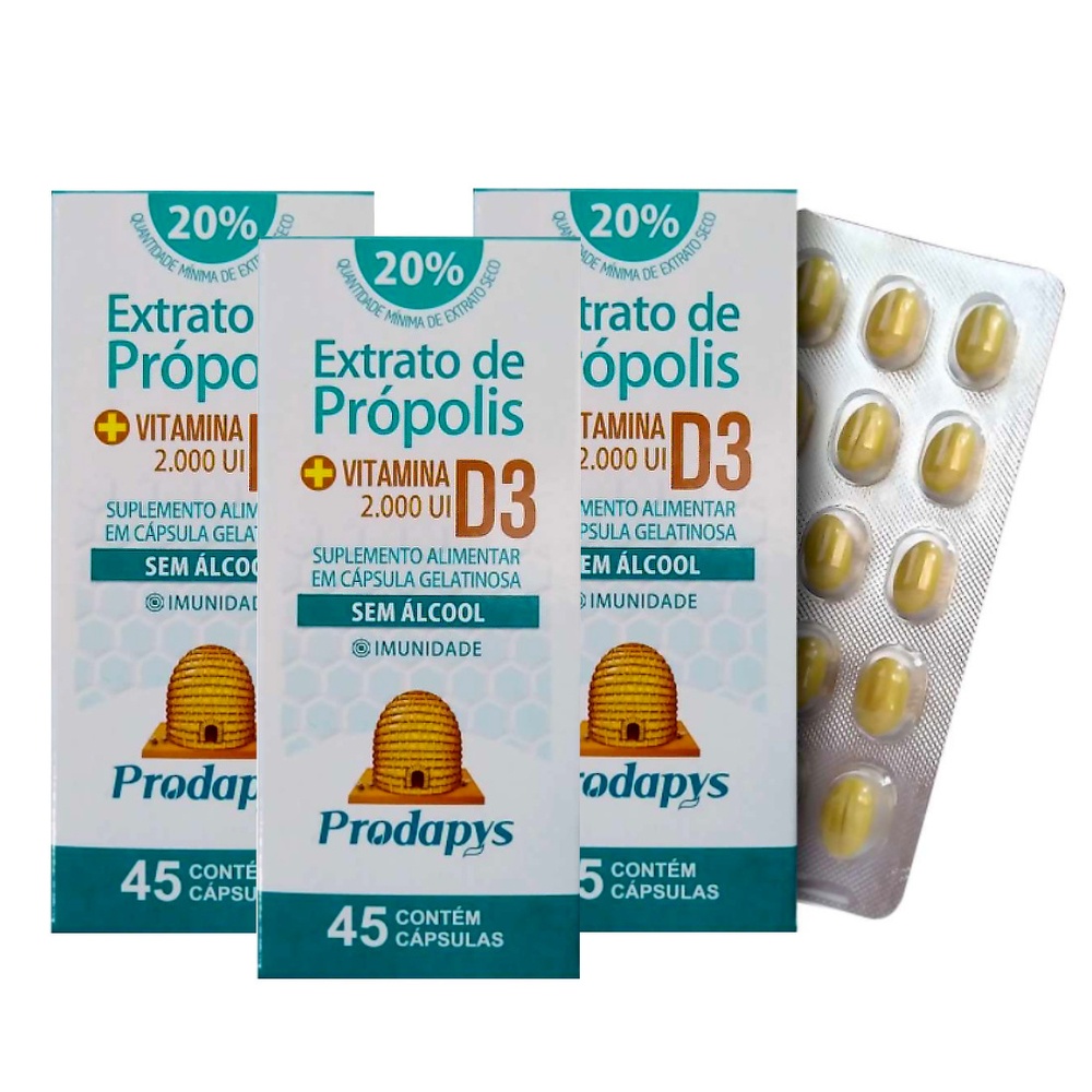 Extrato de Própolis com Vitamina D3 2000 Ui com 45 Cápsulas Kit com 3