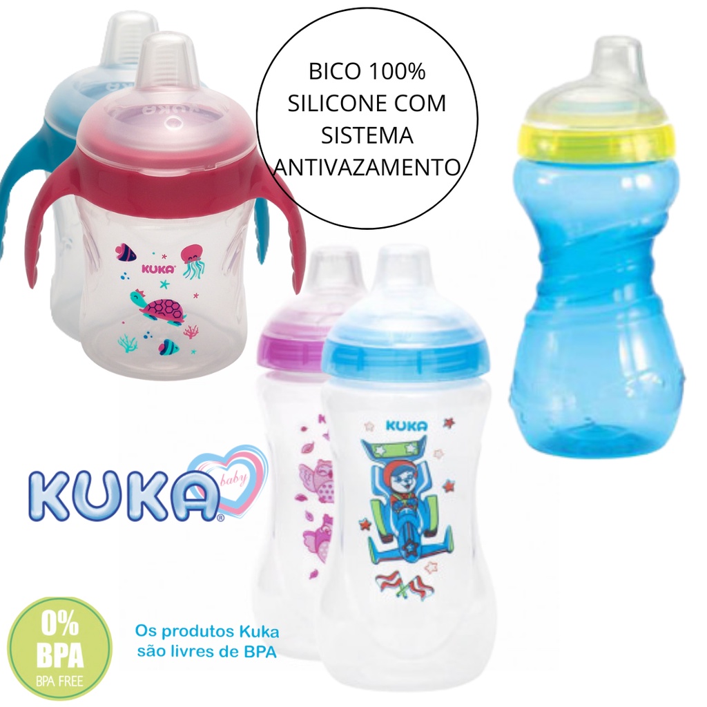 Copo Transição/Treinamento Bico 100% Silicone Macio 200/330ml +6m infantil Bico Antivazamento Promoção com alça Original Creche Escola Passeio Suco Água  Kuka