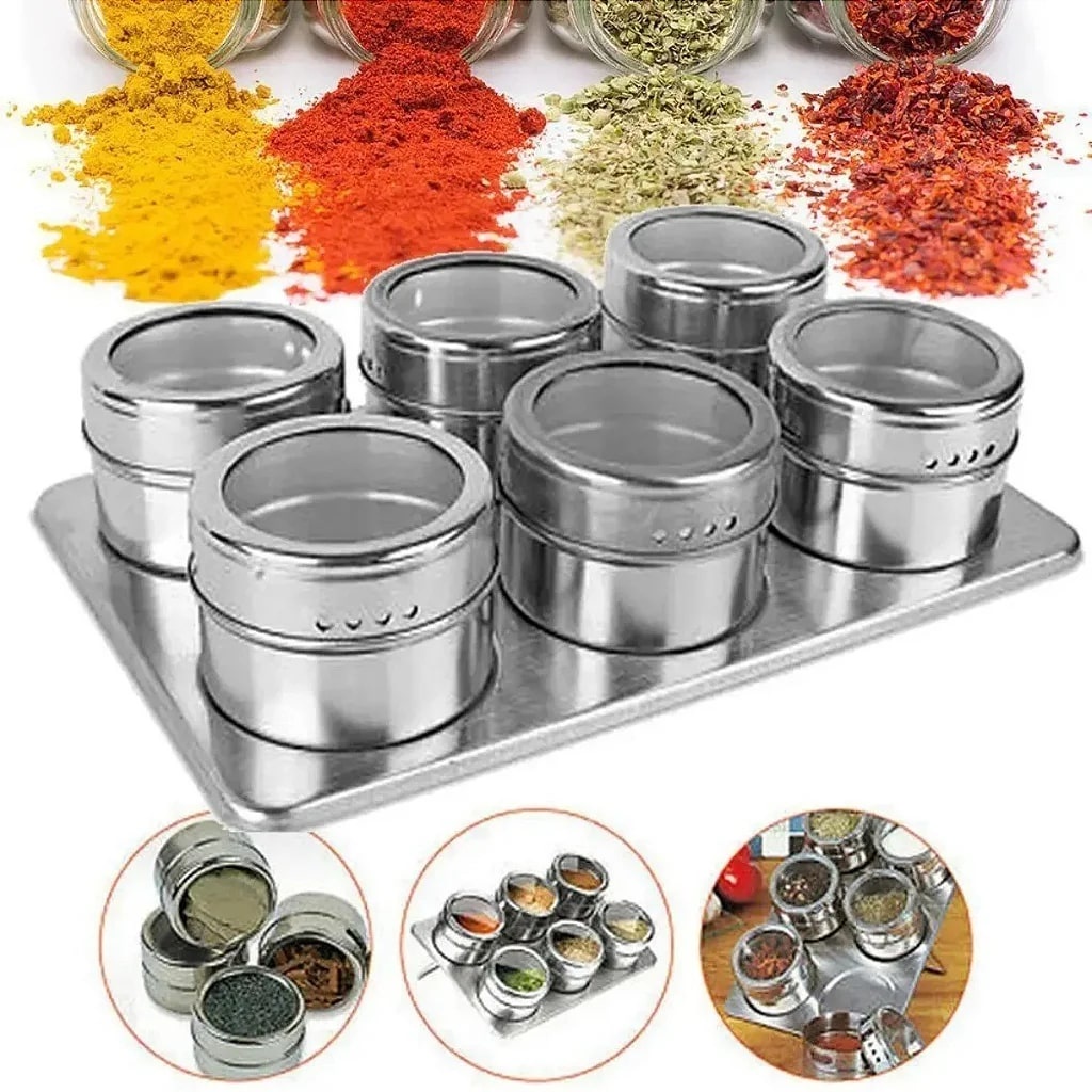 Kit 6 Porta Tempero Porta Condimento Inox Magnético Com Imã Para Geladeira e Suporte Kolling Sell