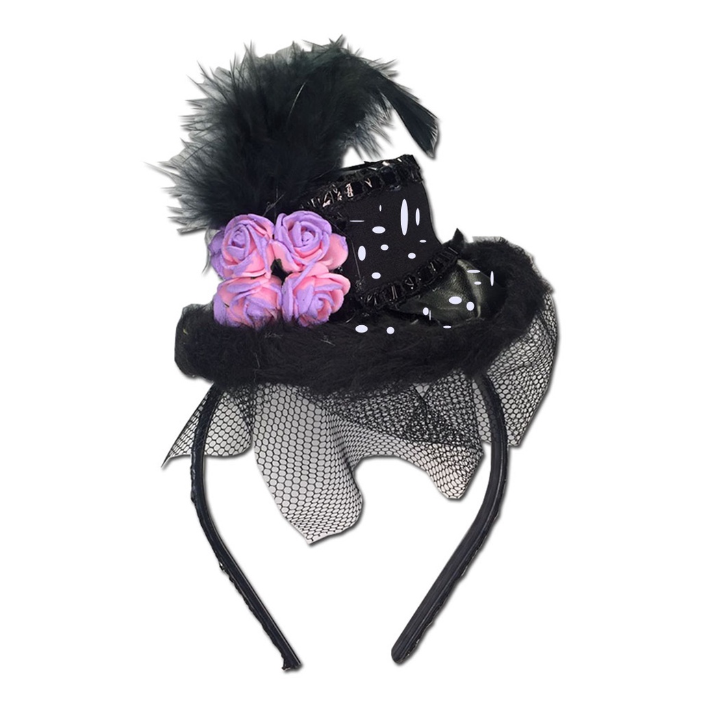 Tiara Viúva Negra com Flores - Mini cartola - Fantasia Carnaval e Halloween