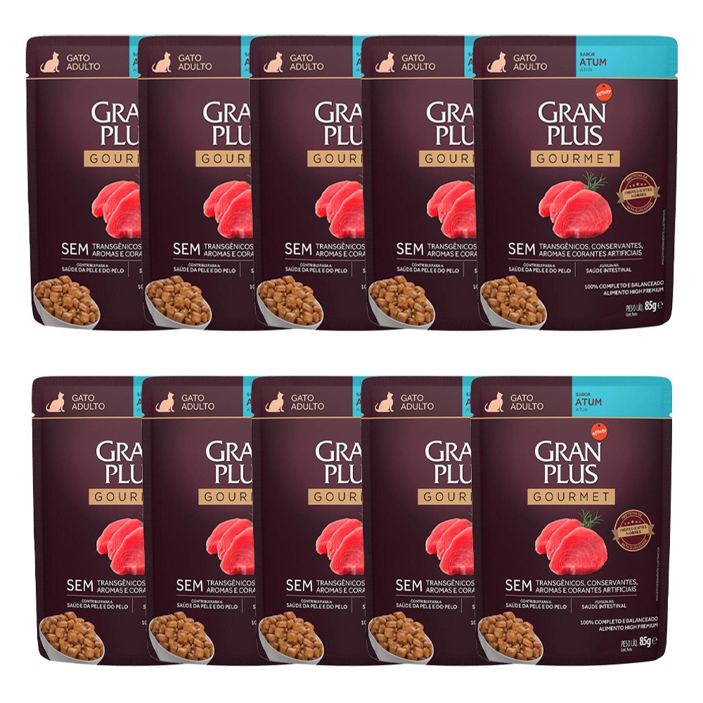 KIT 10 Ração Úmida Gran Plus Sachê Gatos Gourmet Adultos Atum - 85g em Oferta na Shopee