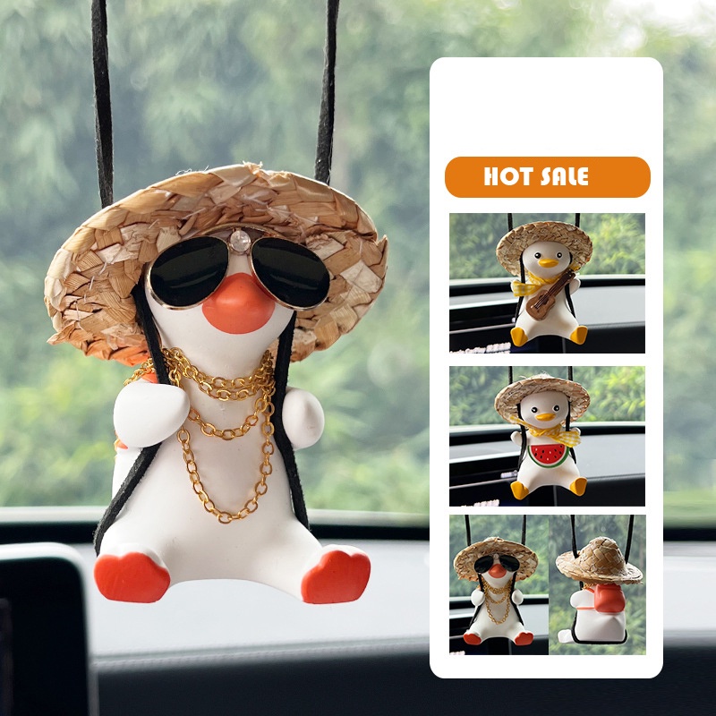 OPENMALL Acessórios para carro Chapéu de palha Pingente de pato Enfeites para espelho retrovisor automotivo